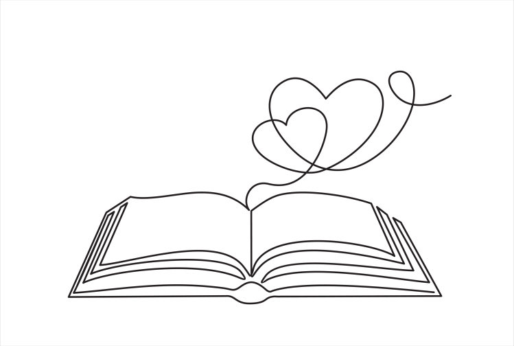 A black pen sketch of a open book with hearts rising.